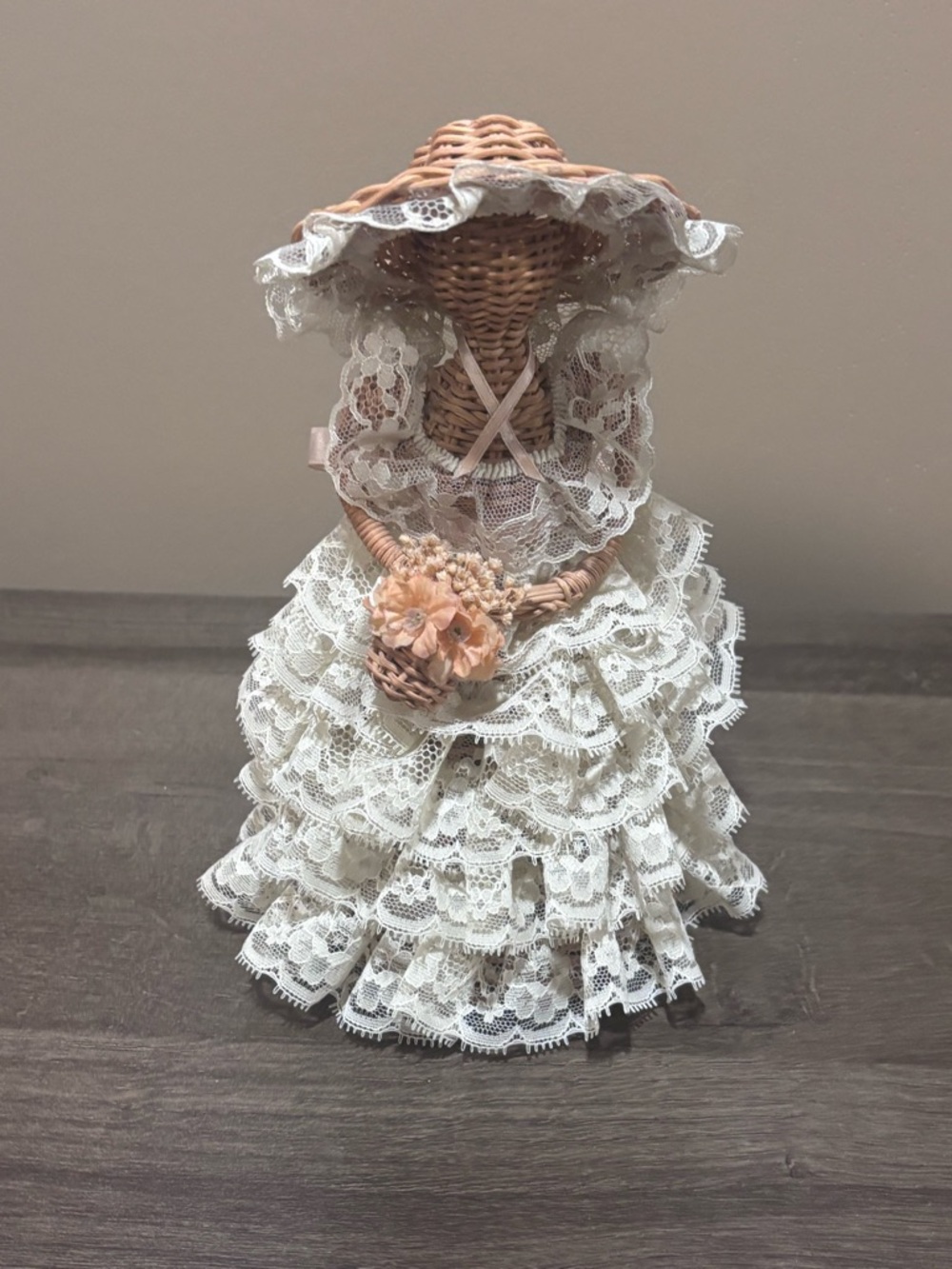 Vintage 10” Woven Wicker Doll With Victorian-Era Lace Dress And Flowers